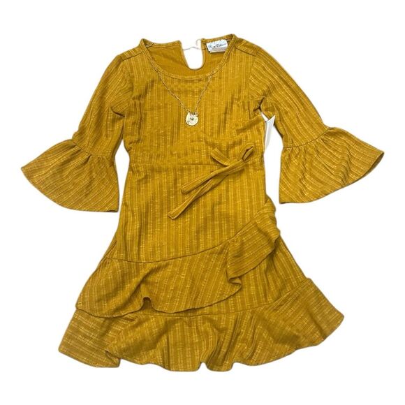 Rare Editions Mustard Yellow Bell Sleeve Faux-Wrap Textured-Rib-Knit Dress 12 - Picture 1 of 2